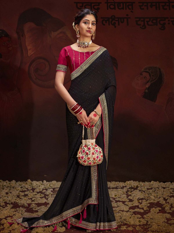 Black Vichitra Silk Embroidered Saree